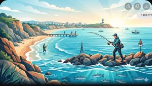 Иллюстрация с изображением кефали и рыболовных снастей на фоне побережья Анапы для блога